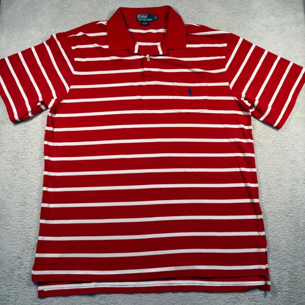 Vintage Polo Ralph Lauren XLT Tall Red White Striped Mesh Shirt Navy Pony Pocket